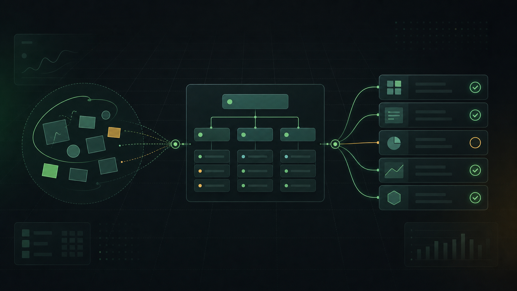 Dark green abstract software planning diagram showing scattered ideas becoming a structured scope and checklist.