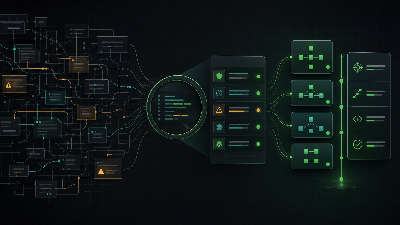 Dark green abstract inherited software audit diagram showing tangled system paths becoming organized modules and priorities.