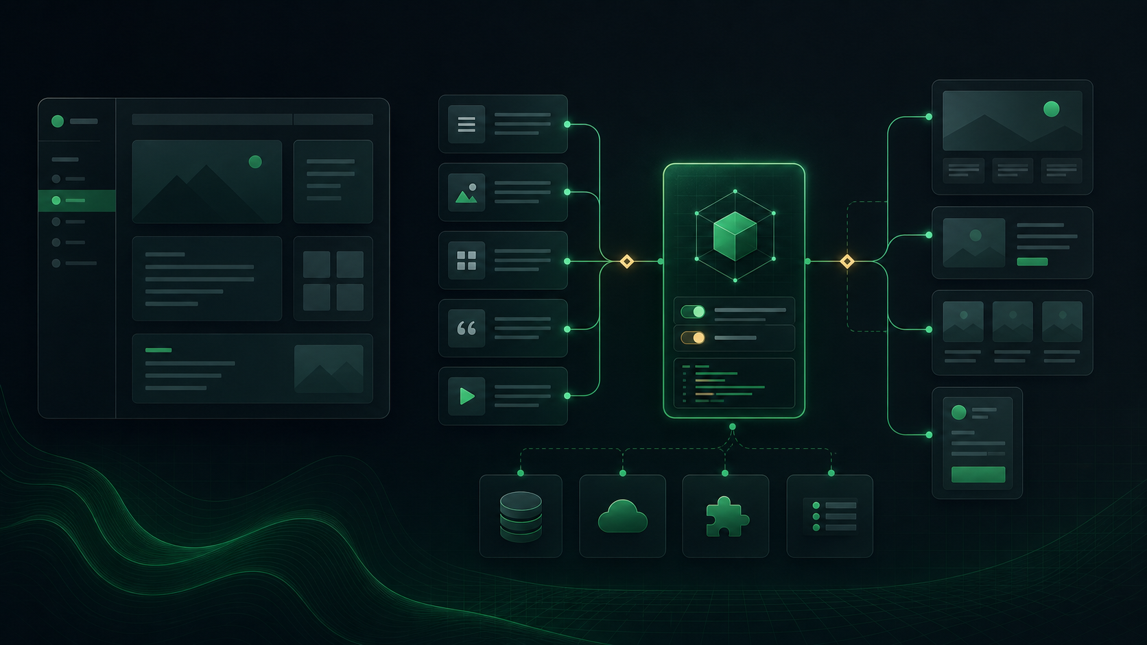 Dark green abstract CMS architecture diagram showing content blocks connected to a custom module and output panels.