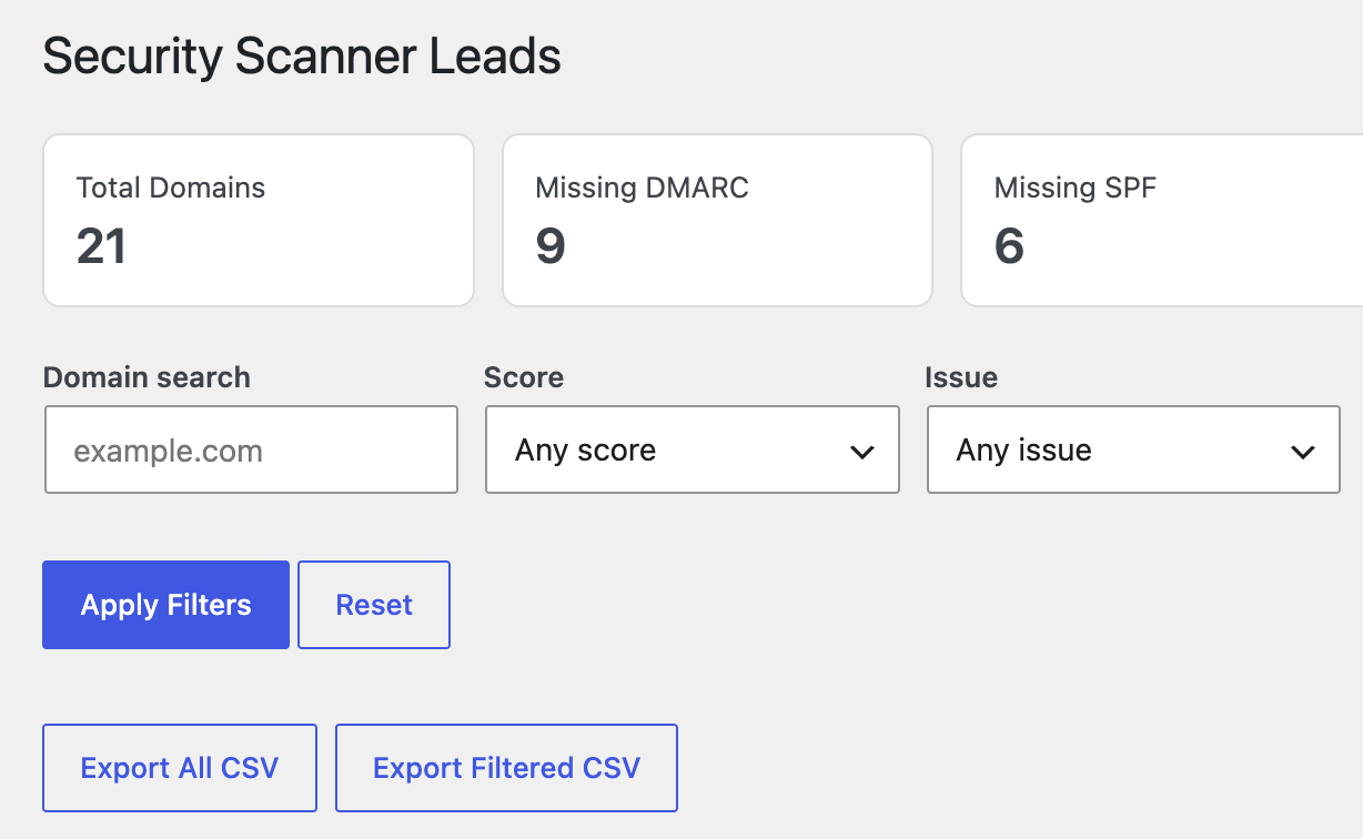 WordPress admin screen for filtering and exporting security scanner leads.