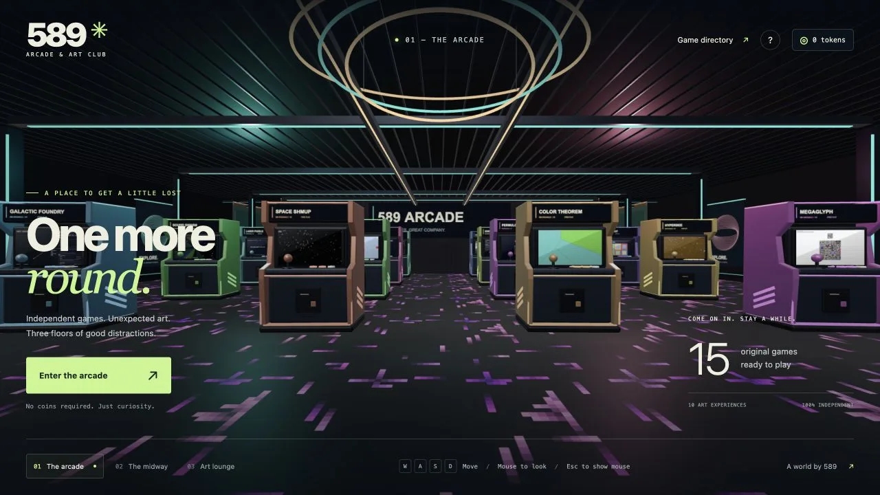 589 Arcade's 3D portfolio, with playable arcade cabinets beneath neon ceiling lights.