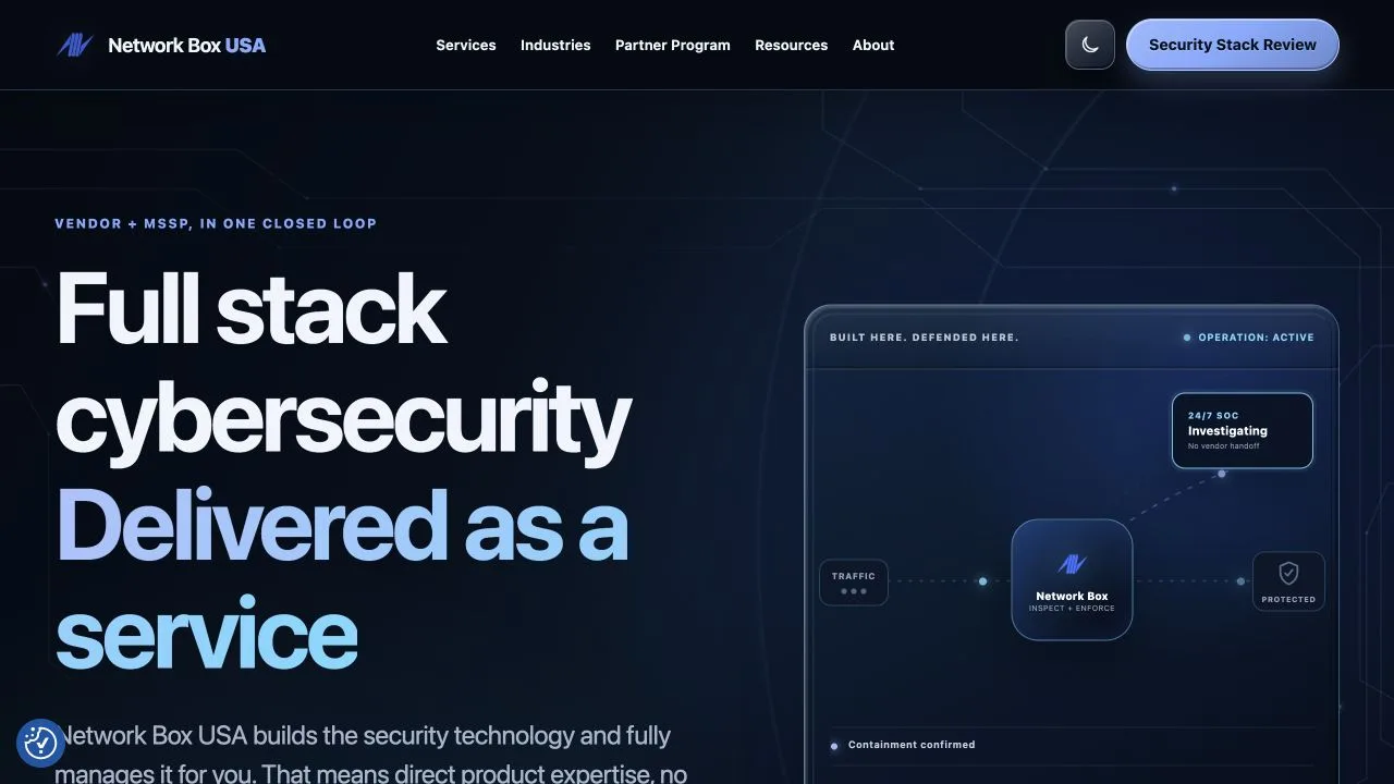 The rebuilt Network Box USA homepage, with its cybersecurity headline and animated security operations diagram.
